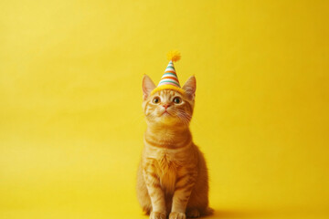 Cheerful orange cat in a party hat on a bright yellow background