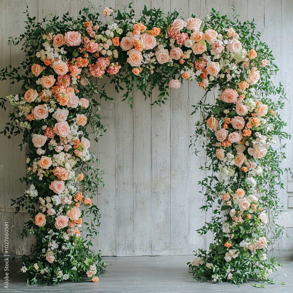 Canvas Prints A floral arch made of peach and white roses and greenery against a wood wall.