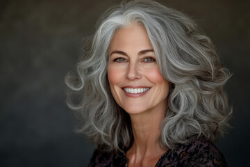 Fototapeta premium Portrait of a smiling woman with wavy gray hair against a neutral background