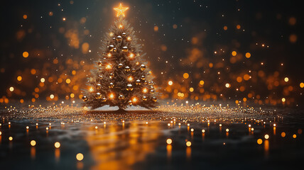 A Christmas tree is lit up with lights and is surrounded by a lot of sparkles. The scene is set in a dark background, giving it a festive and magical atmosphere