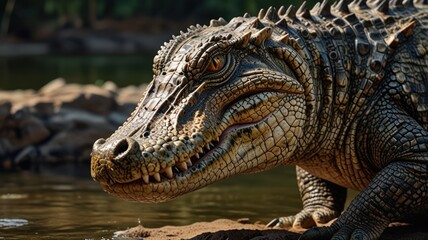 Obraz premium A crocodile basks in the warm sun on the riverbank. Its scaly skin glistens, and its powerful jaws reveal a series of sharp teeth.