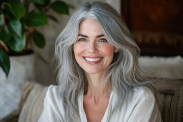 Fototapeta premium Smiling woman with gray hair sits comfortably indoors surrounded by greenery