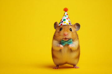 Cute hamster celebrating a birthday wearing a party hat and bow tie