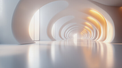 Obraz premium A long, narrow hallway with white walls and a white floor. The hallway is lit by a series of yellow lights