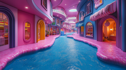 A colorful waterway with pink and blue buildings in the background. The waterway is filled with various pink and blue objects, creating a whimsical and playful atmosphere