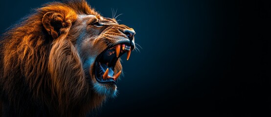 Naklejka premium Close-up of a roaring lion with a dark blue background.