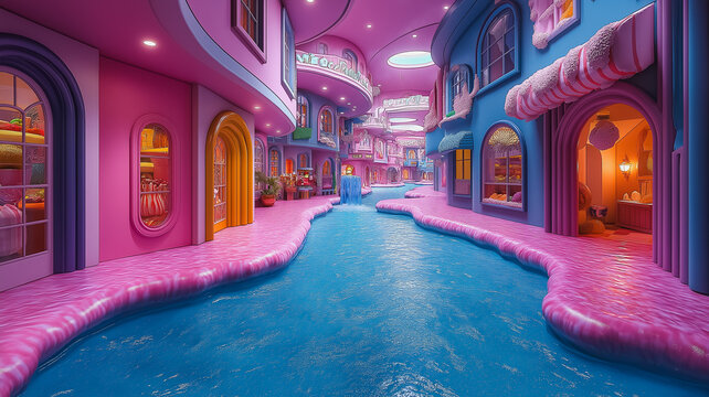 A colorful waterway with pink and blue buildings in the background. The waterway is filled with various pink and blue objects, creating a whimsical and playful atmosphere