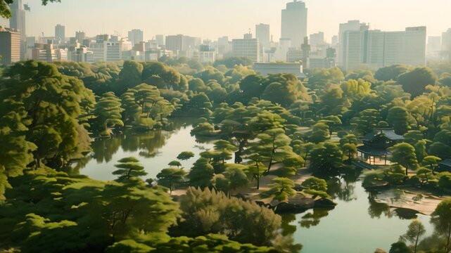 Aerial view of Tokyo gardens with winding pond and lush greenery, against cityscape in distance, Emphasize the contrast between the serene gardens and the urban sprawl of Tokyo