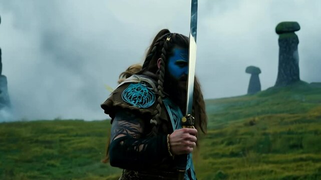  Celtic warrior with epic background. Generative AI