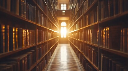 Dreamy Library Interior with Infinite Bookshelves, Warm Ambient Lighting, and a Scholarly Atmosphere, Perfect for Themes of Timeless Knowledge and Intellectual Exploration