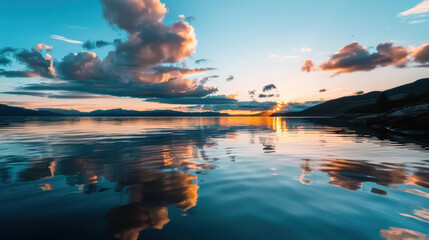 stunning sunset over tranquil lake, with vibrant clouds reflecting on waters surface, creating serene and picturesque scene