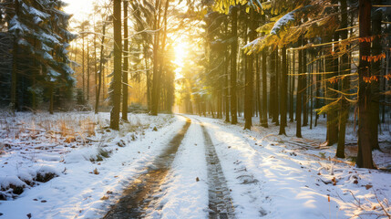 serene winter landscape featuring snow covered path winding through tranquil forest. sunlight filters through trees, creating warm glow amidst cool, snowy surroundings