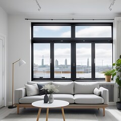 Fototapeta premium Minimalist living room with panoramic city view.