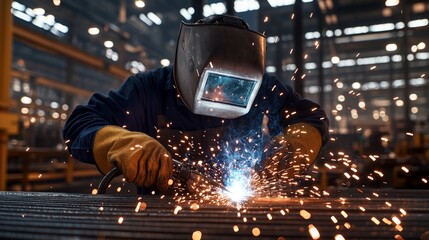 Welder working on metal with sparks flying in a workshop environment.
