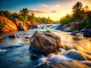 Tilt-Shift Water Flow Over Boulder at Great Falls Park Reflected in Evening Light