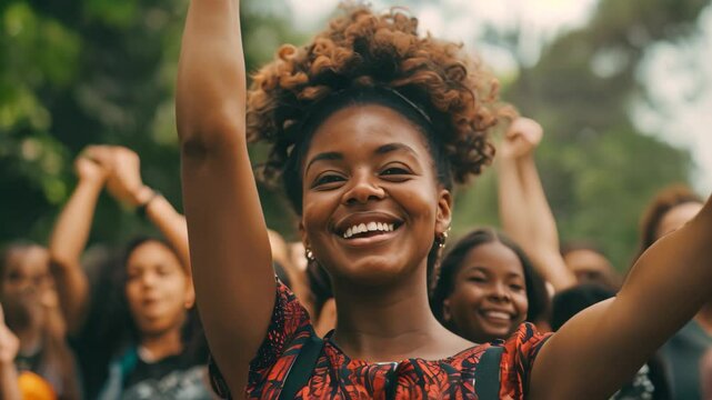 A woman with curly hair raises her arms in the air while smiling, participating in a protest for social justice, Emphasizing the ongoing fight for social justice
