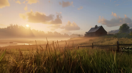 serene landscape featuring rustic barn at sunrise, surrounded by misty fields and gentle hills. warm light creates peaceful atmosphere, perfect for nature lovers