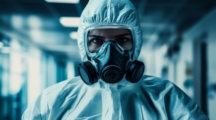 A masked individual in protective gear stands in a hospital corridor, conveying urgency and safety.