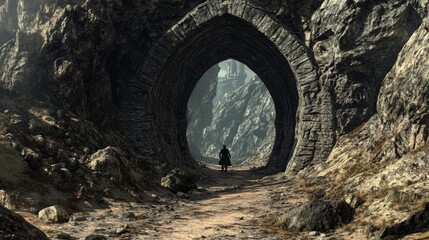 Obraz premium A lone figure stands in a rocky passageway, gazing towards a distant, misty horizon. The stone archway creates a sense of mystery and wonder.
