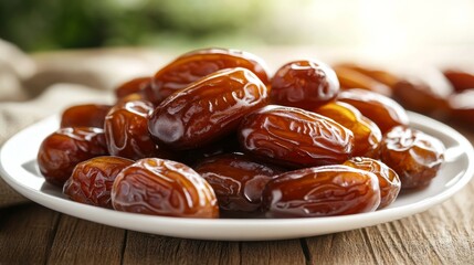 Close-up of Dates on a White Plate with a Blurred Background