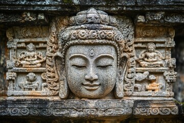 Obraz premium Close-up of a serene stone Buddha head sculpture with intricate carvings, set against a weathered stone backdrop.
