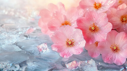 Delicate pink cherry blossoms resting on shimmering ice crystals in spring