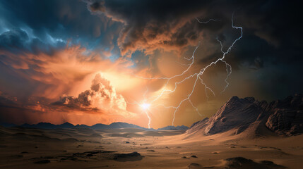 dramatic desert landscape showcases stunning sunset with vibrant colors, illuminated by striking lightning against dark storm clouds. scene evokes sense of awe and power