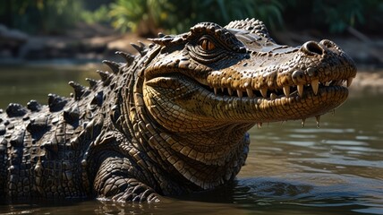 A crocodile basks in the warm sun on the riverbank. Its scaly skin glistens, and its powerful jaws reveal a series of sharp teeth.