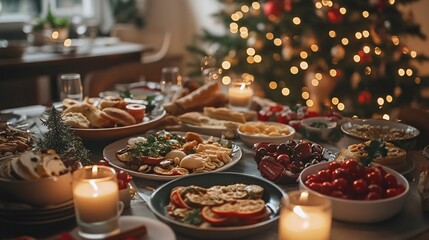 Fototapeta premium Luxurious Christmas Feast with Gourmet Dishes, Holiday Decorations, and Warm Candlelight, Set in a Cozy, Elegant Atmosphere with a Glimpse of the Christmas Tree in the Background