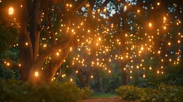 Fairy lights strung through trees illuminate a pathway in a lush forest, casting a magical glow, Enchanting fairy lights hanging from trees