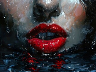 Fototapeta premium Sensual Red Lips in the Rain - Close Up Portrait Painting