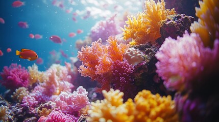 Naklejka premium Vibrant coral reef teeming with life in a clear blue ocean.