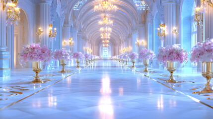 Aisle of Dreams: A grand, fairytale wedding venue with a breathtaking aisle adorned with delicate pink cherry blossoms.