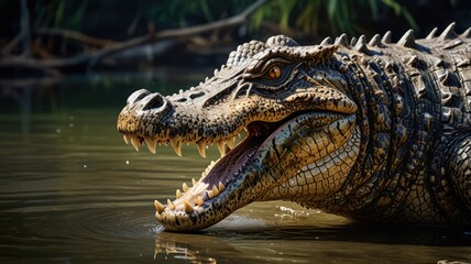 Obraz premium A crocodile basks in the warm sun on the riverbank. Its scaly skin glistens, and its powerful jaws reveal a series of sharp teeth.