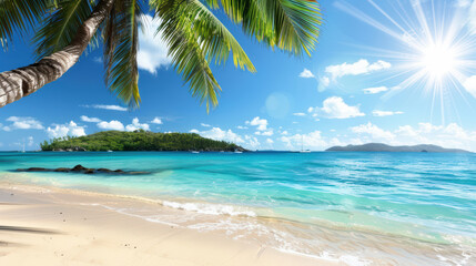 serene tropical beach scene featuring palm trees, clear blue waters, and bright sun shining over distant island. tranquil atmosphere invites relaxation and enjoyment