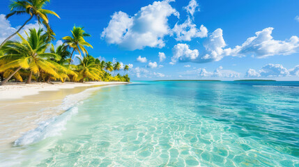 Naklejka premium serene tropical beach scene featuring clear turquoise waters, soft white sand, and lush palm trees under bright blue sky with fluffy clouds. This picturesque landscape evokes sense of tranquility and