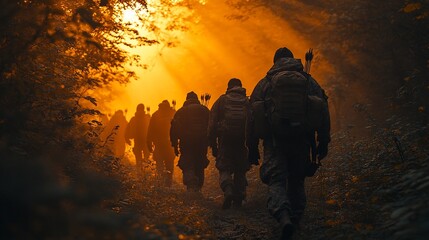 Fototapeta premium A group of hikers walk through a misty forest at sunrise, their silhouettes illuminated by the golden light.