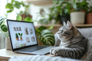 Cat browsing online on a laptop