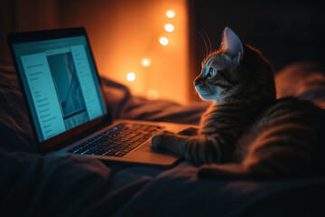Cat browsing online on a laptop
