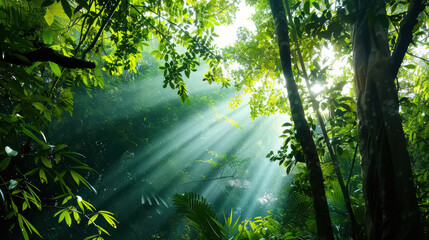 Obraz premium Lush green jungle with sunlight streaming through trees, creating serene and tranquil atmosphere. interplay of light and foliage evokes sense of peace and connection with nature