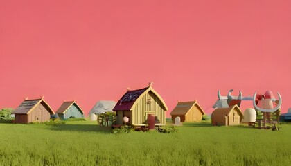 Obraz premium Abstract 3D cute Viking style village.