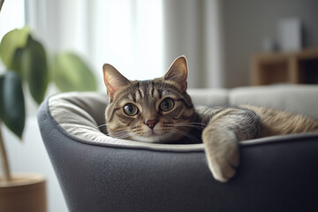 Relaxed cat lying in a modern pet bed