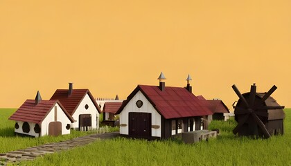 Abstract 3D cute Viking style village.