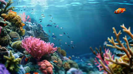 Naklejka premium Vibrant coral reef teeming with colorful fish, showcasing diverse underwater ecosystem. scene captures beauty and tranquility of marine life in sunlit ocean