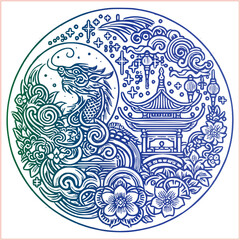 lunar new year,Chinese dragon,
Dragon with round shield, cut, out vector, silhouette,
fantasy, mythology, reptile, tattoo, characters, clip art, cut out, luxury, mascot, medieval, monochrome, prosperi