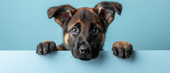 German Shepherd puppy dog peeking out from the edge of a blank billboard with his paws on the bottom edge and his head facing forward on a cute and adorable pastel background