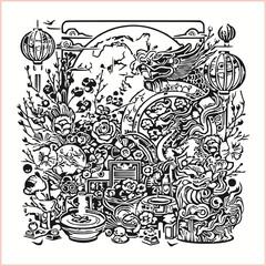 lunar new year,Chinese dragon,
Dragon with round shield, cut, out vector, silhouette,
fantasy, mythology, reptile, tattoo, characters, clip art, cut out, luxury, mascot, medieval, monochrome, prosperi