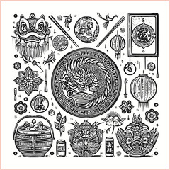 lunar new year,Chinese dragon,
Dragon with round shield, cut, out vector, silhouette,
fantasy, mythology, reptile, tattoo, characters, clip art, cut out, luxury, mascot, medieval, monochrome, prosperi