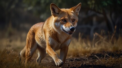 Fototapeta premium a wild dingo bathed in sunlight, its reddish-brown fur gleaming. The dingo's lean and muscular build suggests a life of hunting and survival.