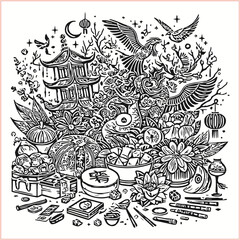 lunar new year,Chinese dragon,
Dragon with round shield, cut, out vector, silhouette,
fantasy, mythology, reptile, tattoo, characters, clip art, cut out, luxury, mascot, medieval, monochrome, prosperi